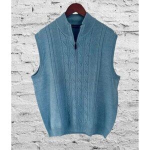 Carnoustie Blue Cable Knit Merino Wool Sleeveless Quarter-Zip Sweater Vest XL